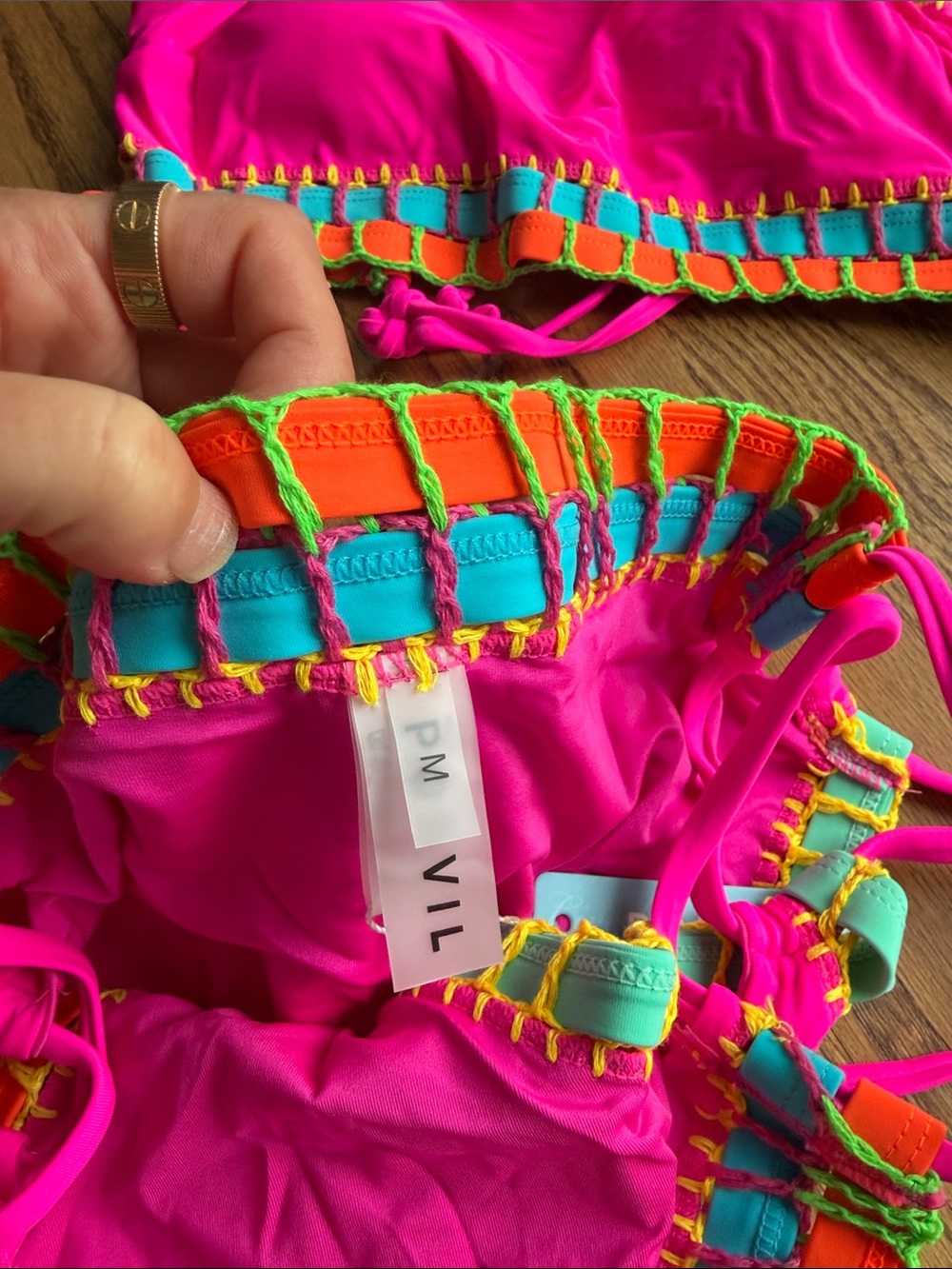 One-Shoulder Neon Pink Crochet-Trim Bikini Set - Picture 5 of 5